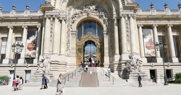 Edifício Petit Palais, pessoas e turistas passando em um dia ensolarado de verão, vista inclinada em Paris, França . — Vídeo de Stock