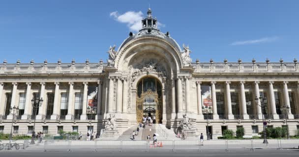 Petit Palais gebouw, mensen en toeristen wandelen in een zonnige zomerdag, riksja passeren in Parijs, Frankrijk. — Stockvideo