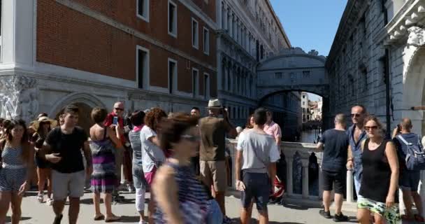 意大利威尼斯，一个阳光明媚的夏天，人们和游客经过并观赏着这座著名的桥 — 图库视频影像
