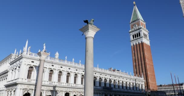 Campanario y columna de San Marcos con estatua de león en un día soleado en Italia, vista inclinada, cielo azul claro — Vídeo de stock