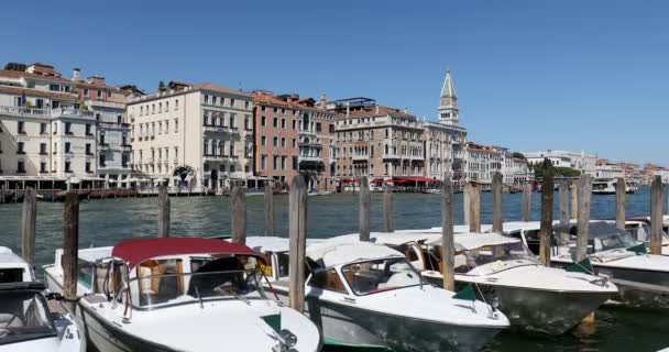 Venecia, Gran Canal vista con lanchas taxi, edificios un campanario de San Marcos en un día soleado en Italia — Vídeo de stock