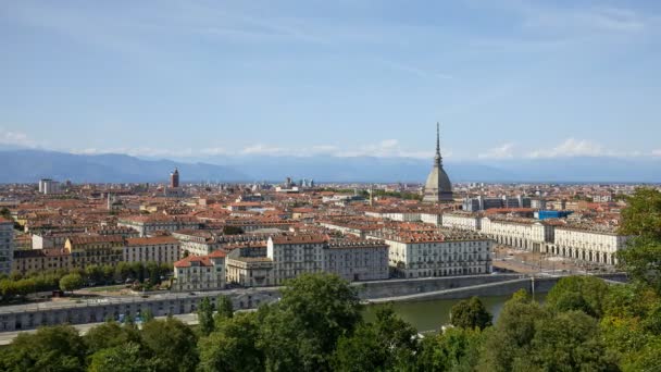 Turín Horizonte Ver Lapso Tiempo Topo Antonelliana Torre Río Día — Vídeo de stock