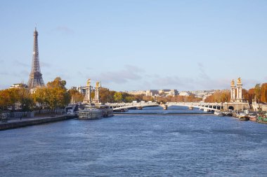 Alexander Köprüsü, Eyfel Kulesi ve Seine Nehri manzaralı güneşli bir sonbahar gününde Paris, Fransa