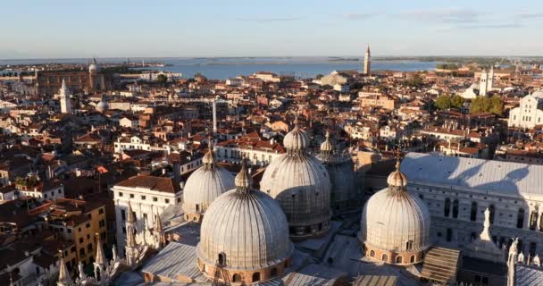 Förhöjd utsikt över Venedig med basilika kupoler och hustak från San Marco klocktorn före solnedgången, Italien — Stockvideo