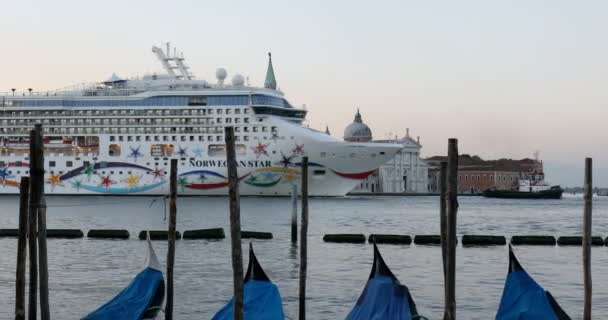 여름, 이른 아침 베네치아의 곤돌라와 산 조르조 마조레 대성당 근처를 지나가는 거대 한 흰 유람선. — 비디오