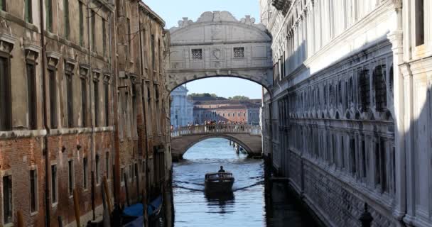 Puente de los Suspiros, lancha a motor que pasa en un soleado día de verano en Venecia, Italia — Vídeo de stock