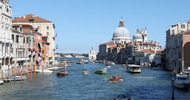 Gran Canal de Venecia con basílica de Santa María de la Salud, barcos que pasan, cielo azul claro en Italia — Vídeo de stock