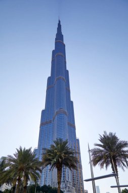 Dubai, BİRLİK ARAB EMIRATES - 22 Kasım 2019: Burç Halife gökdeleni alçak açılı, palmiye ağaçlı açık mavi gökyüzü  
