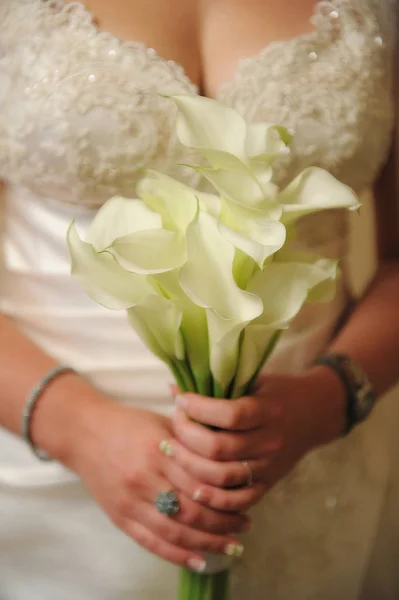 新娘手持优雅的百合花花束 — 图库照片