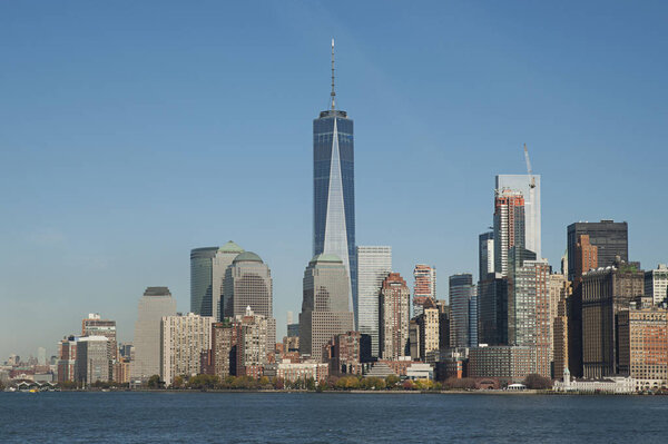 New York City, New York, USA - November 21, 2015: Beautiful view towards iconic Freedom tower and financial district from Upper Bay Hudson River.
