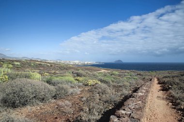 Kolay yolu doğru ve doğal bitki örtüsü soldaki, Tenerife, Kanarya Adaları için okyanus manzaralı için Los Abrigos, Montana Amarilla trekking