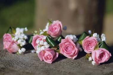 Düğün merkezinde yer küçük pembe Gül ve bebeğin-nefes alan sığ derinliği ile bir ağaç kütüğü üzerinde konumlandırılmış, çiçek aranjmanı