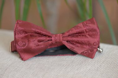 Bulanık bir arka plan bej bir yastık üzerinde konumlandırılmış işlemeli desenli desenli bordo papyon