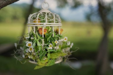Dekor Bahçe ve açık havada kurulumları için bir ağaç dallarında asılı ve yaşlı ile dolu beyaz vintage dekoratif kuş kafesi ile düğün, çayır çiçek kurutulmuş