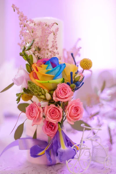 Floral Arrangement Fancy Rainbow Colored Roses Beautiful Decor Table Centerpieces — Stock Photo, Image