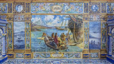 Plaza de Espana, Seville, Endülüs, İspanya - 26 Haziran 2019: Kanarya Adaları 'nın yarı daire şeklindeki binanın duvarları boyunca uzanan 48 adet taşra oyuğunun bir parçası olarak temsil edilmesi