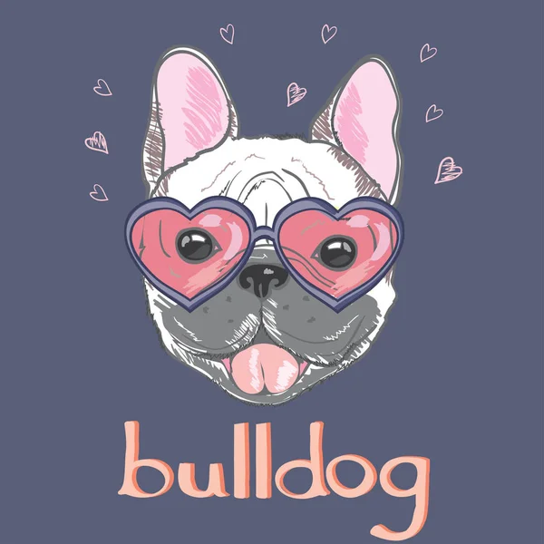 Bulldog dengan kacamata hitam berbentuk hati - Stok Vektor