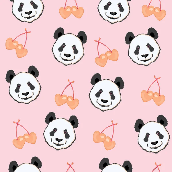 Pandas and cherries seamless pattern — Stock Vector