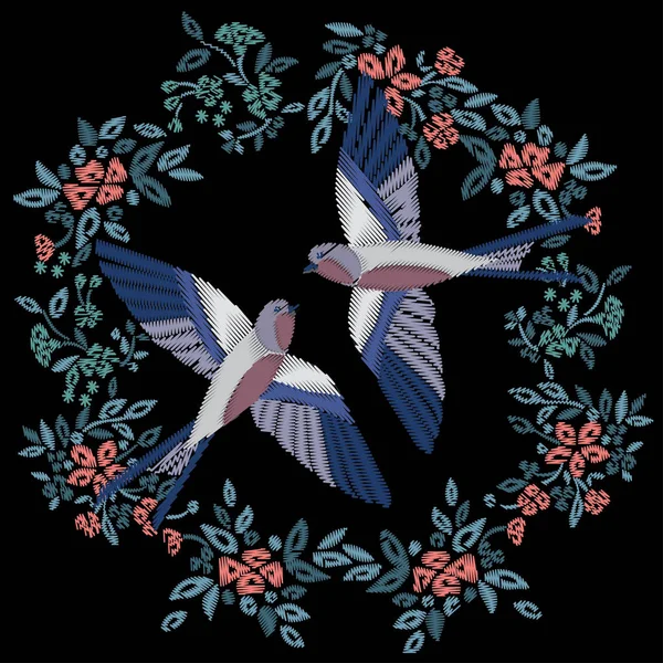 Птицы глотают цветочные вышивки — стоковый вектор