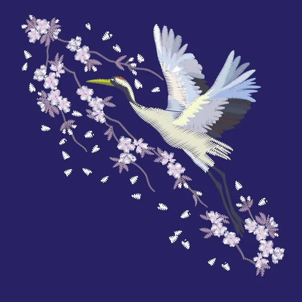 Grúa y flores, Sakura, primavera, ilustración, vector — Vector de stock