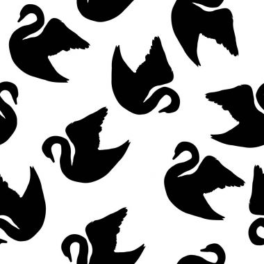 Beyaz Kuğu ile Seamless modeli. Siyah arka plan üzerine beyaz kuğu. Vektör çizim.