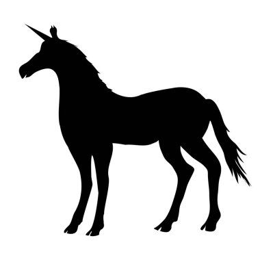 Tek boynuzlu at vektör simgesi üzerinde beyaz izole. Kafa portre at plakası, yama rozeti. Sevimli sihirli çizgi fantezi sevimli hayvan. Gökkuşağı saç. Rüya sembol. Çocuklar için tasarım