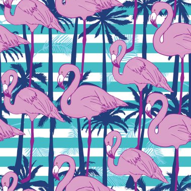 Flamingo ve ebegümeci ile güzel sorunsuz vektör tropikal desen arka plan. Soyut doku, çizgili. Duvar kağıtları, web sayfası arka planlar, yüzey dokuları, tekstil için mükemmel.