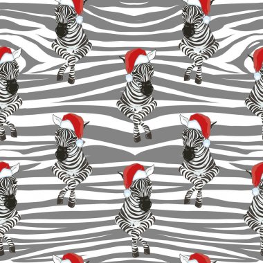 Santa giyen zebra seamless modeli şapka. Savannah hayvan ornam