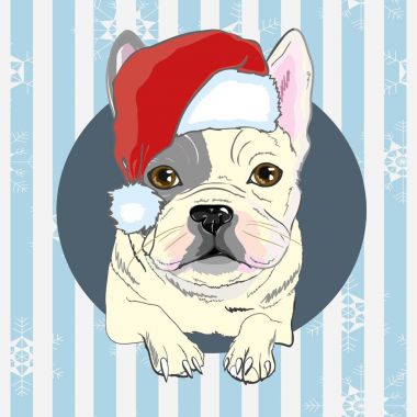 Christmas greeting card. Pug dog with red Santa s hat clipart