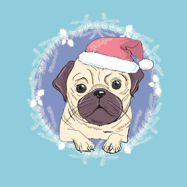 Noel tebrik kartı. Kırmızı Santa s şapka ile pug köpek