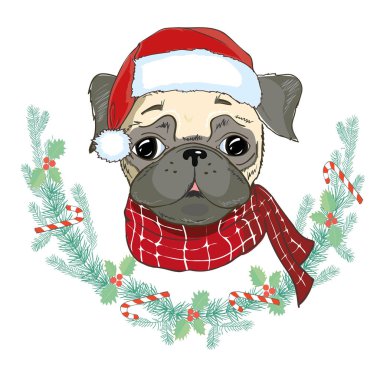Noel Baba'nın şapkalı köpek pug vektör görüntüsü. Köpek Noel Baba'nın c