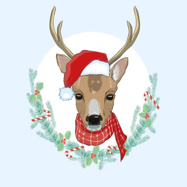 Vektör görüntü mavi zemin üzerine bir geyik ve santa şapkalar. Neşeli