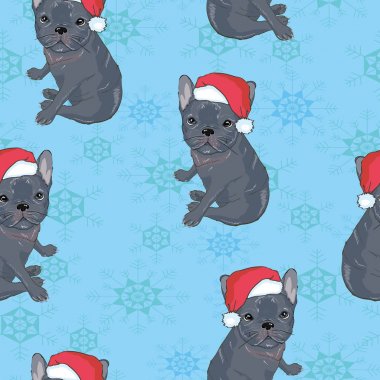 Vector seamless pattern with pug-dog in Santa's hat and traces.  clipart