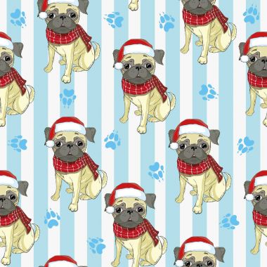 Pug-köpek Noel Baba'nın şapka ve izleri ile vektör seamless modeli. 