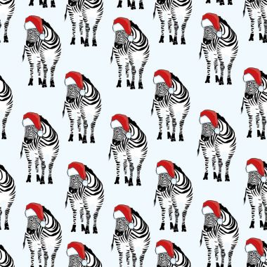Santa giyen zebra seamless modeli şapka. Savannah hayvan ornam