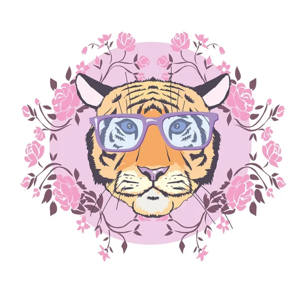 Tigre vectorial con gafas con corazones. Día de San Valentín. H — Vector de stock