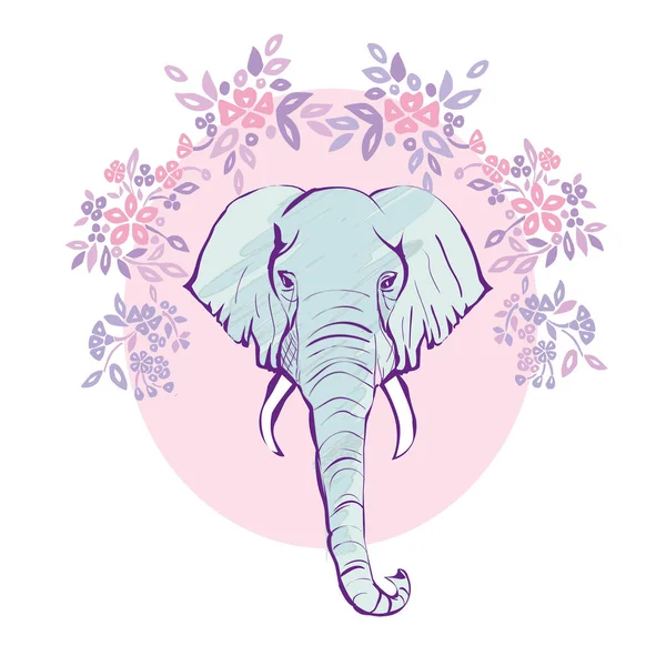 Lindo elefante con una flor de dibujos animados dibujado a mano vector illustrati — Vector de stock