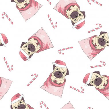 Vector seamless pattern with pug-dog in Santa's hat and traces.  clipart