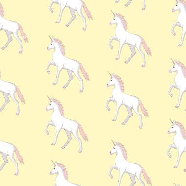 Tek boynuzlu at ve gökkuşağı seamless modeli üzerinde beyaz adam izole