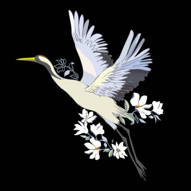 Vektör çizimler kuş vinç suluboya kümesi. Beyaz leylek .