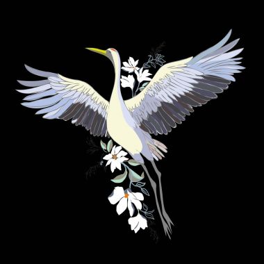Vektör çizimler kuş vinç suluboya kümesi. Beyaz leylek .