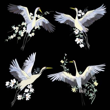 Vektör çizimler kuş vinç suluboya kümesi. Beyaz leylek .