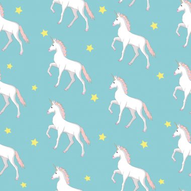 Tek boynuzlu at ve gökkuşağı seamless modeli üzerinde beyaz adam izole