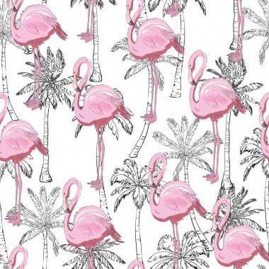 Flamingo seamless pattern on mint green background. Pink flaming clipart
