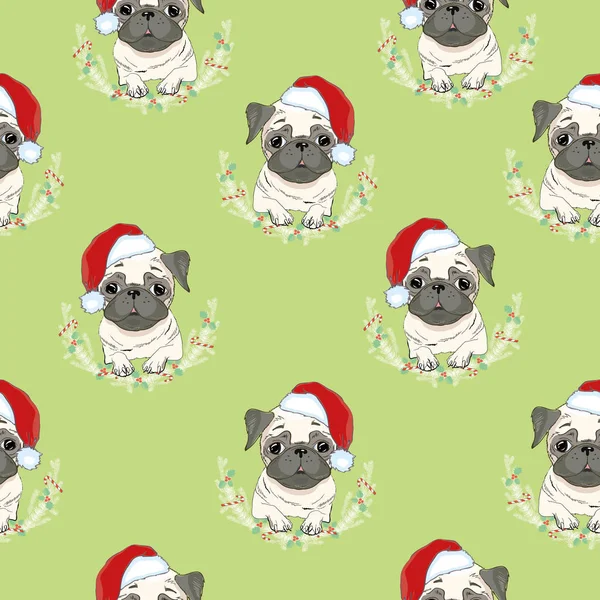 Pug-köpek Noel Baba'nın şapka ve izleri ile vektör seamless modeli. 