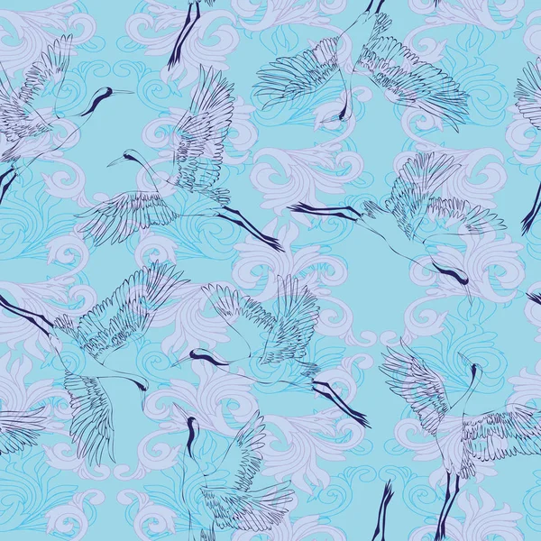 Kuşlar ve su Japon seamless modeli. Geleneksel vintag