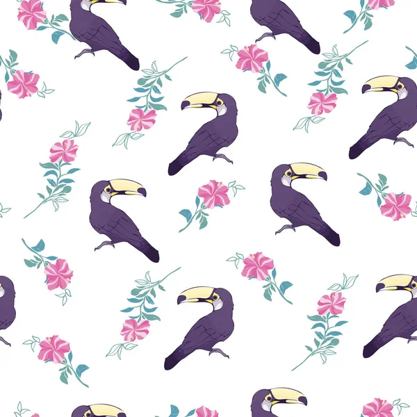 Seamless pattern with hand drawn toucan on white background — Stock Vector