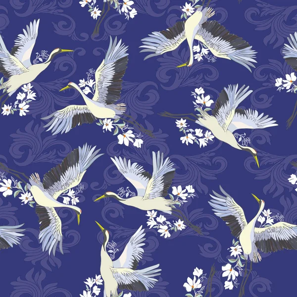 Kuşlar ve su Japon seamless modeli. Geleneksel vintag