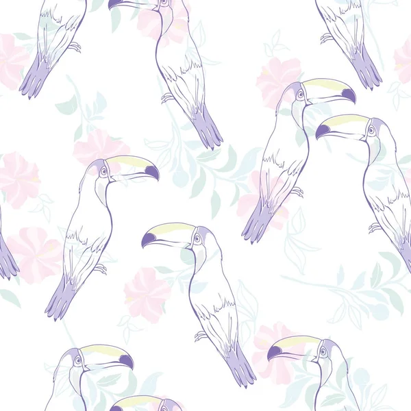 Nahtloses Muster mit handgezeichnetem Tukan auf weißem Hintergrund — Stockvektor