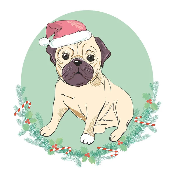 Porträtt av söt fransk bulldog i röd jul hatt på blå bac — Stock vektor